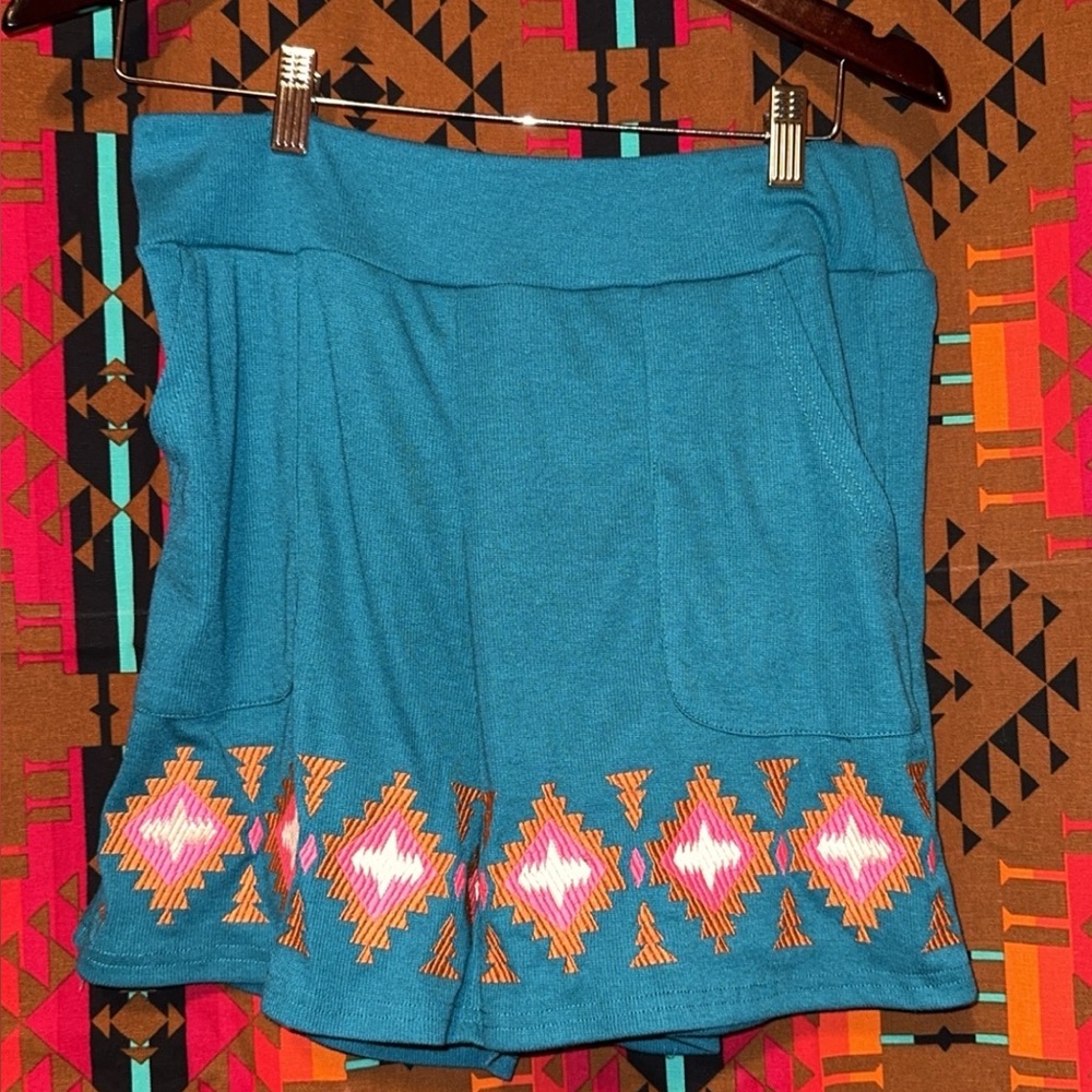 Teal Shorts with Geometric Pattern
